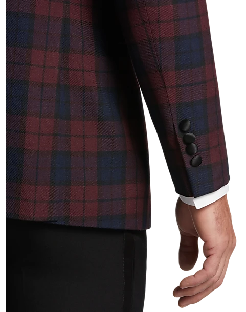 After Hours Slim Fit Satin Peak Lapel Dinner Jacket, Red Tartan Plaid - Image 2