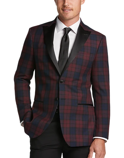 After Hours Slim Fit Satin Peak Lapel Dinner Jacket, Red Tartan Plaid