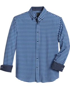 Michael Strahan Modern Fit Button-Down Collar Four-Way Stretch Sport Shirt, Medium Blue Geo Check