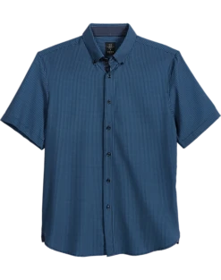 Michael Strahan Modern Fit Short Sleeve Sport Shirt, Navy Check 3-D Check