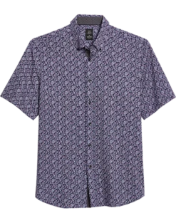 Michael Strahan Modern Fit 4-Way Stretch Short Sleeve Sport Shirt, Navy & Wine Floral