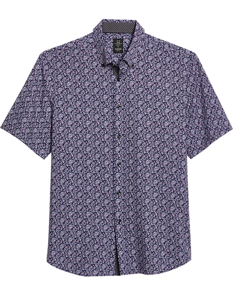 Michael Strahan Modern Fit 4-Way Stretch Short Sleeve Sport Shirt, Navy & Wine Floral